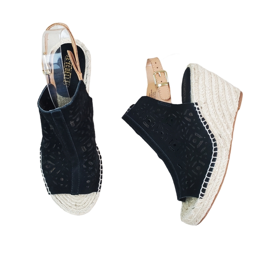 Seychelles Black Laser Cut Suede Leather Espadrille Wedge Shoes Size 7.5